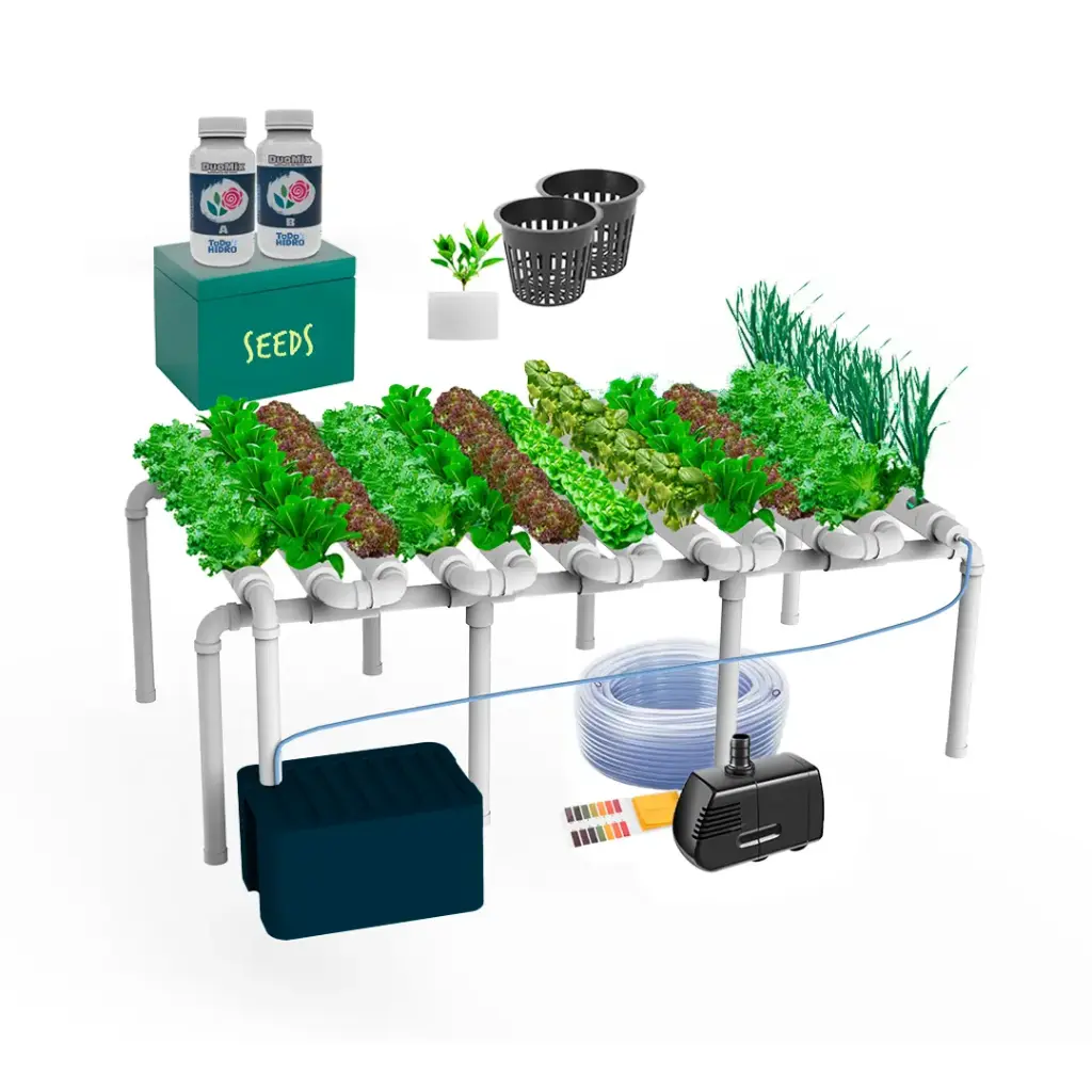 Kit Hidropónico N4 Sistema NFT para 96 Plantas, Jardín Completo con Nutrientes, Semillas y Accesorios
